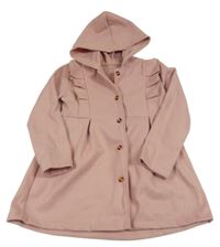 Růžový kabát s volánky a kapucí 