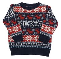 Tmavomodro-červeno-bílý vzorovaný vlněný svetr Next 