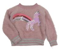 Růžový chlupatý svetr s jednorožecem z flitrů M&S
