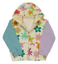 Smetanovo-lila-světlemodrá propínací květovaná mikina s kapucí 