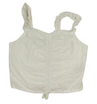 Bílý plátěný crop top s madeirou a nařasením a volánky PRIMARK