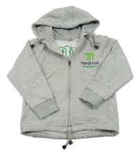 Šedá melírovaná propínací mikina s logem - Monster a kapucí