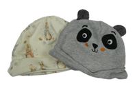 Nové - 2x - Čepice - Smetanová s králíčky - Peter Rabbit morrisons, šedá melírovaná - panda PRIMARK