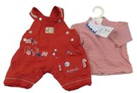 Nové - 2Set - Červené šusťákové laclové zateplené laclové kalhoty s rybičkou a nápisy + červeno/bílý pruhovaný rolák Sucre d'orge