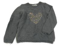 Tmavošedý chlupatý svetr se srdíčkem z flitrů a korálků H&M