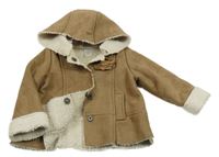 Hnědý semišový zateplený kabát s 3D květem a kapucí ZARA