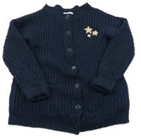 Tmavomodrý žebrovaný pletený propínací svetr se zlatými hvězdičkami Vertbaudet