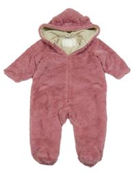 Růžová kožešinová zateplená kombinéza s kapucí s oušky