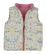 Smetanová prošívaná šusťáková zateplená oboustranná vesta s kytičkami a motýlky Nutmeg