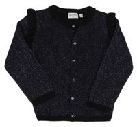 Černo-tmavofialovo-zlatý třpytivý propínací svetr s volánky