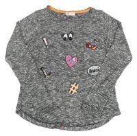 Černo-bílý melírovaný úpletový svetr s obrázky a flitry H&M