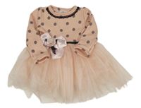 Růžové teplákovo/tylové šaty s puntíky a mašlí