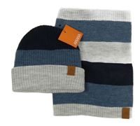 Nové - 2set - Tmavomodro-modrošedo-šedá žebrovaná čepice + nákrčník