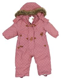 Nové - Starorůžová puntíkatá šusťáková zimní kombinéza s kapucí Topomini