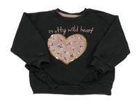 Černá mikina se srdcem s květy a flitry C&A