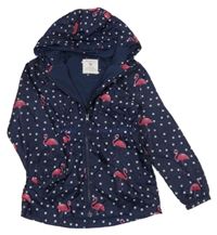 Tmavomodrá puntíkatá šusťáková jarní bunda s plameňáky a kapucí Primark