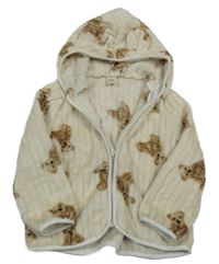 Béžová žebrovaná chlupatá propínací mikina s medvědy a kapucí