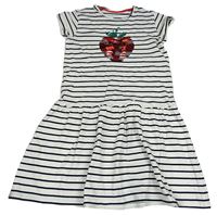 Bílo-černé pruhované teplákové šaty s jahodou z překlápěcích flitrů Vertbaudet