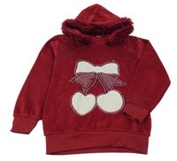 Vínová plyšová mikina s mašlí s kamínky a kapucí s kožešinou