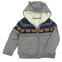 Šedo-tmavomodrý zateplený propínací svetr s medvědy a kapucí Mothercare