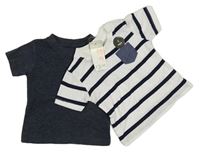 Nové - 2x tričko - bílo-tmavomodré pruhované s kapsou + tmavomodré melírované Primark
