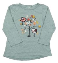 Zelené melírované triko se stromem s ptáčky Topolino