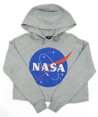 Šedá melírovaná crop mikina s potiskem a kapucí - NASA New Look