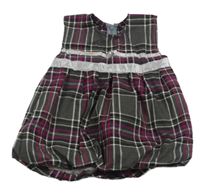 Šedo-růžové kostkované šaty s šedou stuhou 