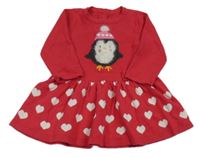 Malinovo-bílé šaty se srdíčky a tučňákem Matalan