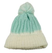 Mintovo-bílá pletená podšitá čepice s bambulí 