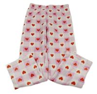 Bílo-světlerůžové plyšové pyžamové kalhoty se srdíčky 