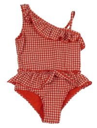 Červeno-bílé kostičkované jednodílné plavky s volánkem Primark