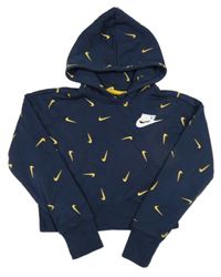 Tmavomodrá vzorovaná crop mikina s logem a kapucí Nike