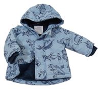 Světlemodrá šusťáková zateplená bunda s dinosaury a kapucí Primark