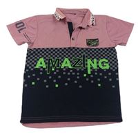 Tmavomodro-starorůžové polo tričko s nápisem 