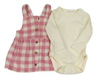 2set - bílé žebrované body + růžovo-bílé kostkované vlněné šaty F&F