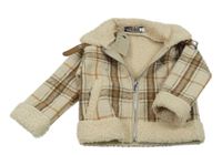 Nové - Béžovo-hnědá kostkovaná zateplená bunda s beránkem 