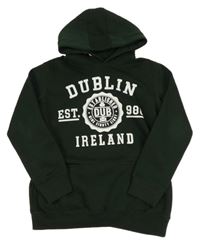 Tmavozelená mikina s nápisy a kapucí 