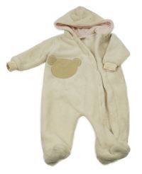 Smetanová plyšová kombinéza s medvídkem a kapucí 