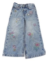 Světlemodré široké rifle s květy Denim Co.