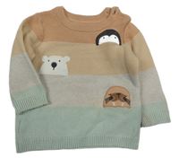 Béžovo-šedo-zelený svetr se zvířátky F&F