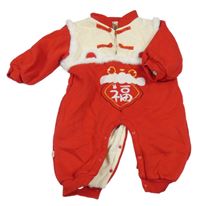 Červeno-smetanová tepláková zateplená kombinéza s výšivkou 