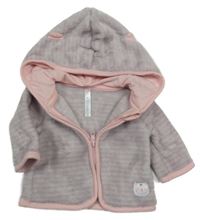 Šedo-růžová pruhovaná chlupatá propínací mikina s kočkou a kapucí 