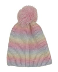 Barevná pruhovaná pletená žebrovaná čepice s bambulí 