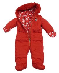 Červená prošívaná šusťáková zimní kombinéza s Minnie a mašlemi a kapucí s kožešinou George