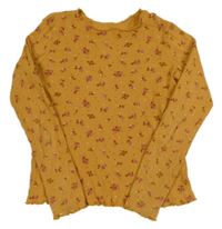 Hořčicové žebrované triko s kytičkami 