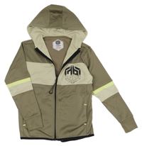 Hnědo-béžová sportovní propínací mikina s potiskem a kapucí 