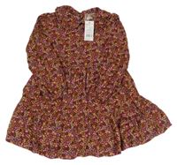 Nové - Hnědo-růžové květované manšestrové šaty s límečkem F&F
