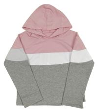 Světlerůžovo-bílo-šedá crop mikina s kapucí 