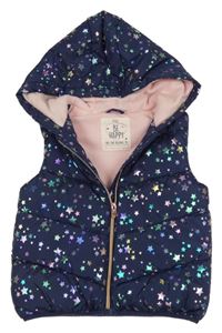 Tmavomodrá šusťáková zateplená vesta s hvězdami a kapucí F&F